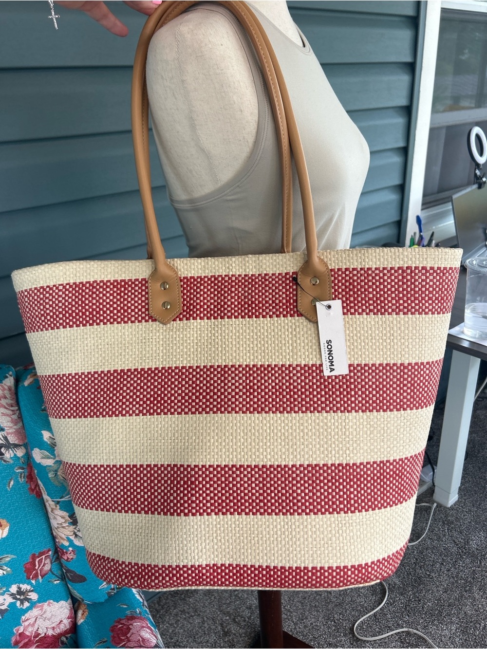 Sonoma Red & Cream Striped Seagrass Tote Bag Summer Beach Market Tote NWT